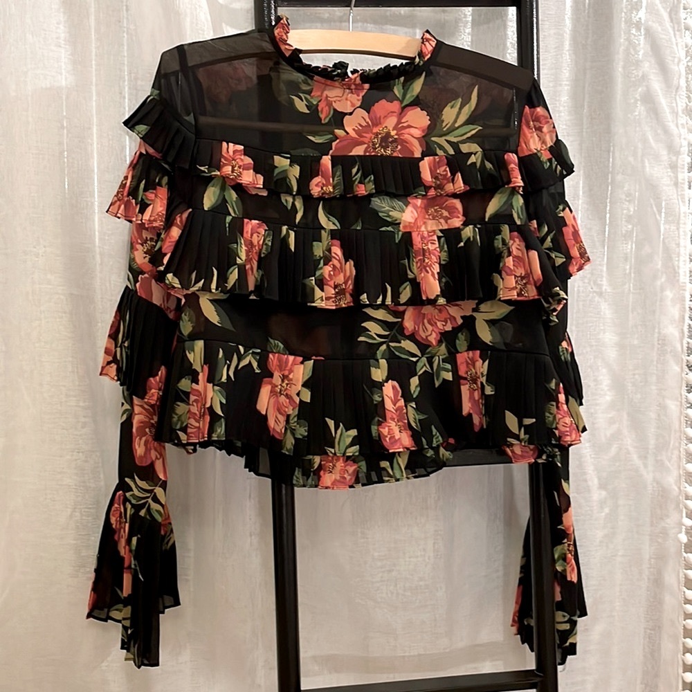Forever 21 NWT Sheer floral crop top with layered ruffles.